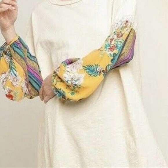 Umgee Dress Medium Cream With Tropical Floral Puff Sleeves 100% Cotton Boho - Picture 2 of 12